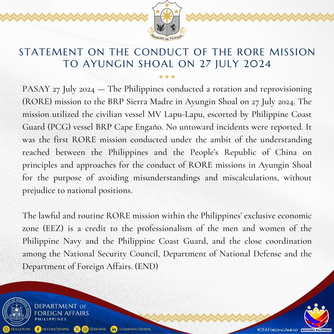 DFA STATEMENT ON THE RORE MISSION ON 27 JULY