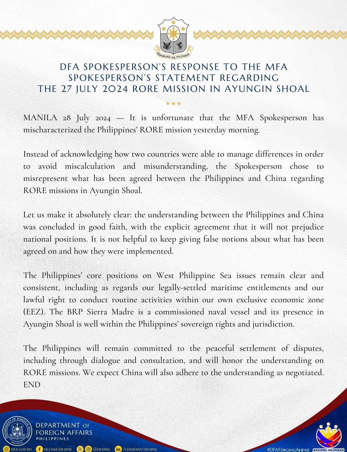 DFA Spox Response to CH Spox on RORE Mission on July 27